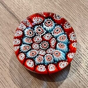 Vintage Italian Murano Art Glass Millefiori‎ Paperweight Blue Red White Flowers